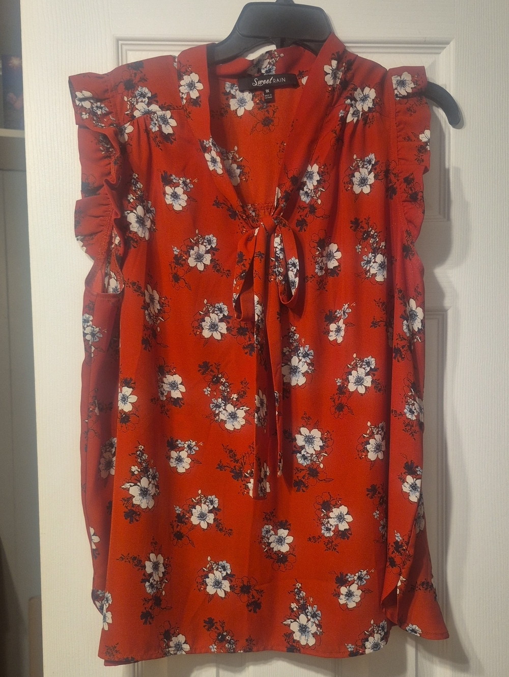 Sweet Rain Red Floral Tie-Neck Sleeveless Blouse with Ruffle Shoulders